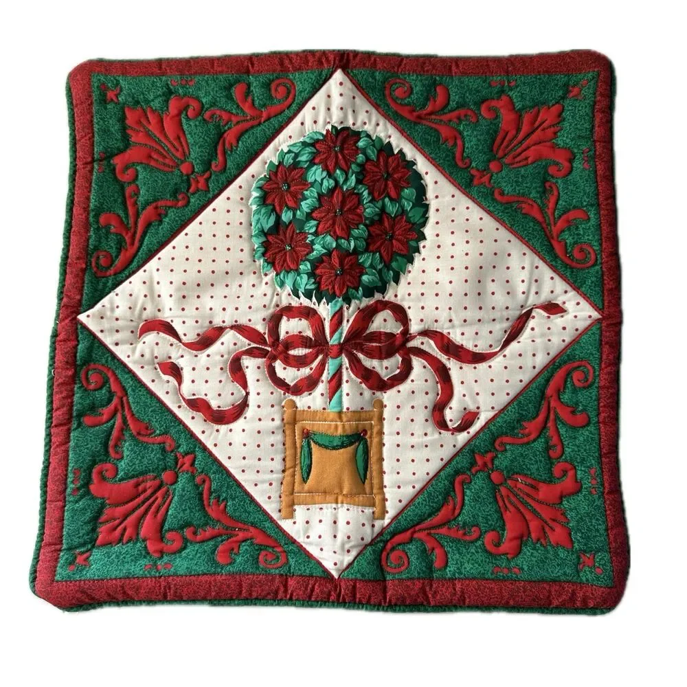 NWOT 100% Cotton Christmas Poinsettia Topiary Quilted Zipper Pillow Cover Case